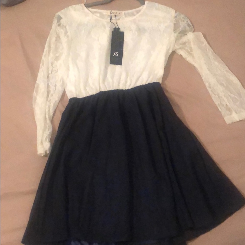 Navy blue and white lace dress